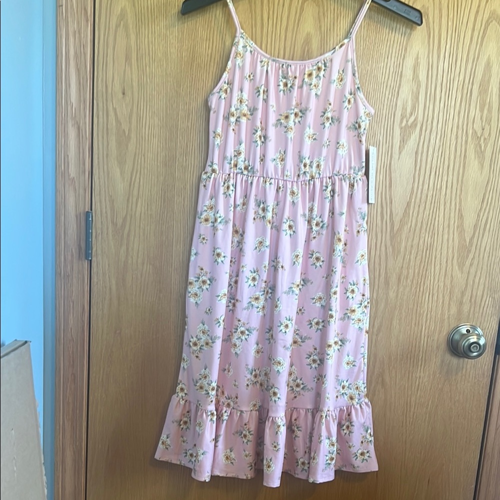 Social Academy Floral Midi Dress‎ Kids Size 8 Pink New Spaghetti Strap Ruffle